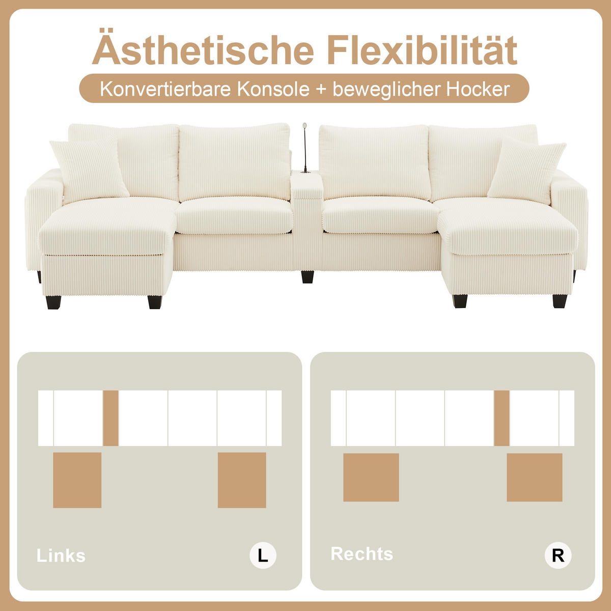 SOFA, U-Form, 2 Hocker, LED-Beleuchtung, Beige, 334x128.5x81cm - Beige, Textil (128.5/81/334cm) - FLIEKS