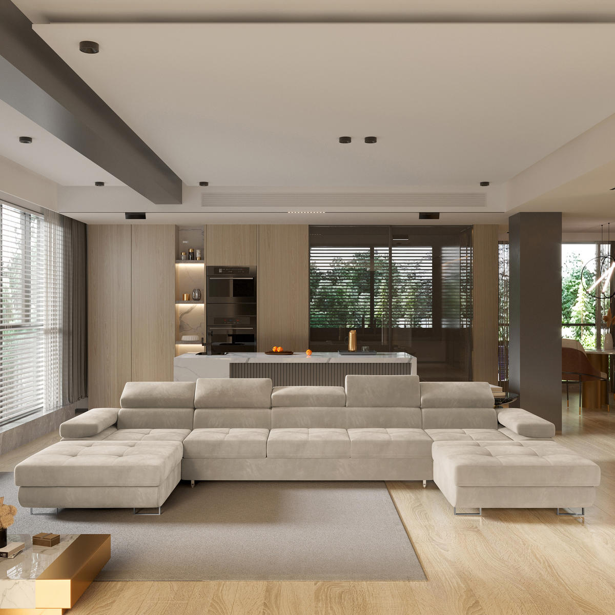 ROHOVÁ SEDAČKA OMBRA krémová - stříbrná/krémová, kov/dřevo (425/202cm) - MASSENO