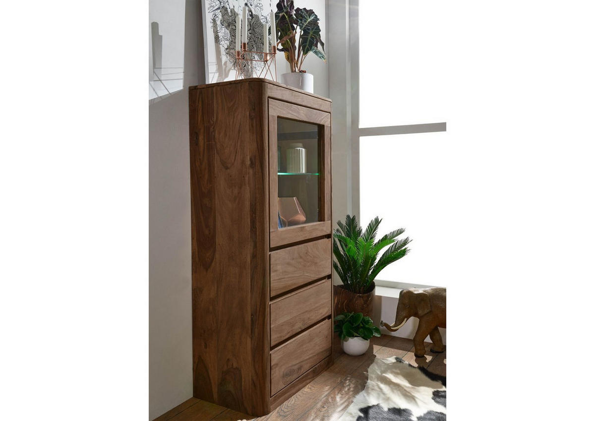 VITRINE Sheesham 70x40x145 rot-braun gebeizt TORONTO #108 - Dunkelbraun, Holz (70/145/40cm) - Massivmoebel24