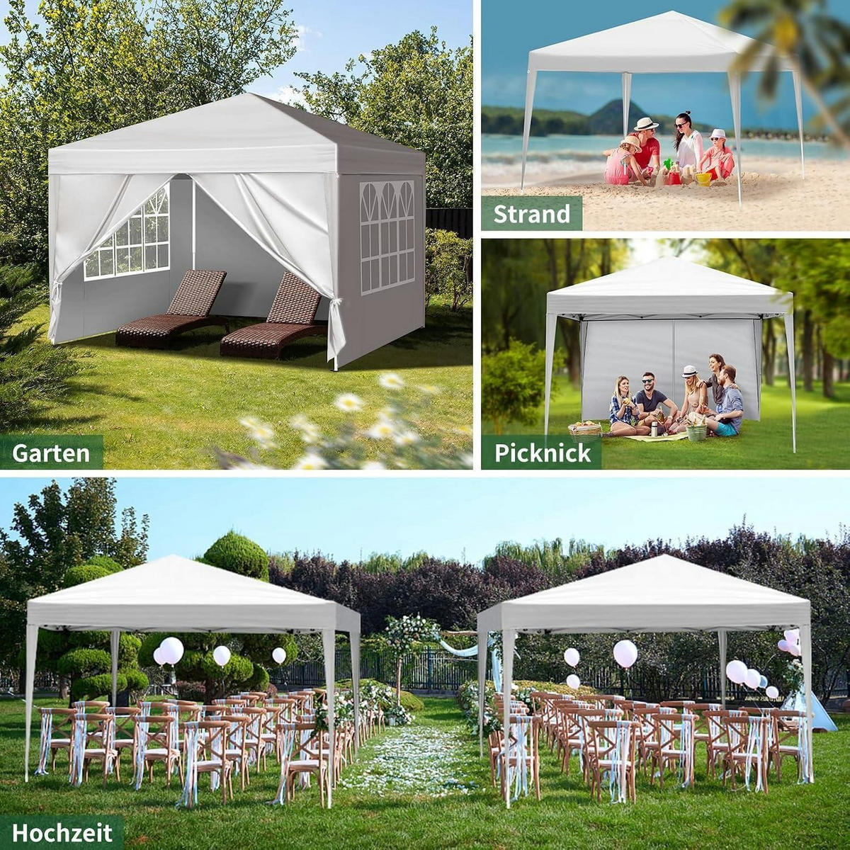 FALTPAVILLON 3 x 3 m weiß mit 4 Seitenteilen, 420D Oxford - Weiß, Textil (300/255/300cm)