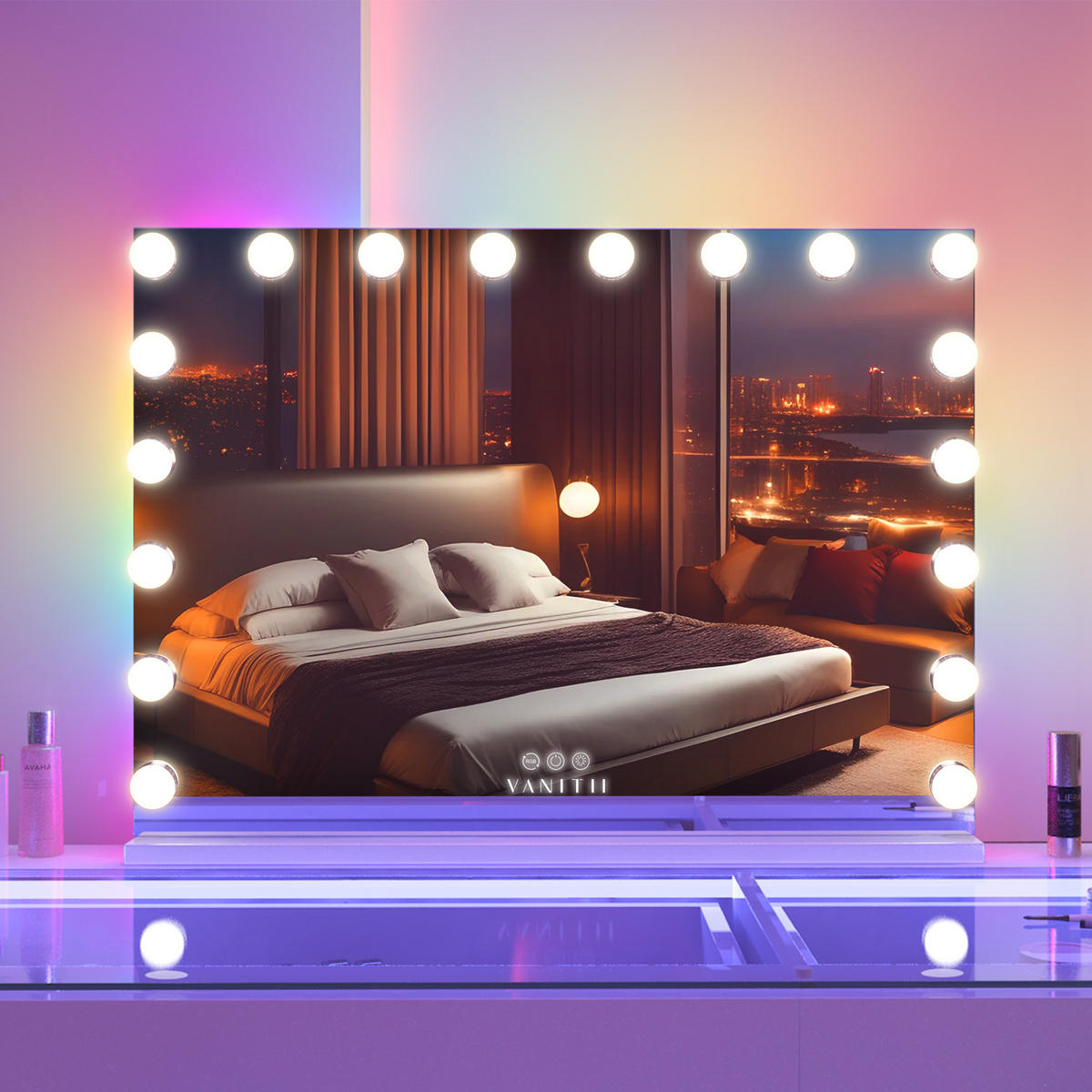 SCHMINKSPIEGEL mit LED-Beleuchtung und RGB-Hintergrundbeleuchtung weiß 80/58 cm - Weiß, Metall (80/58/3cm) - VANITII