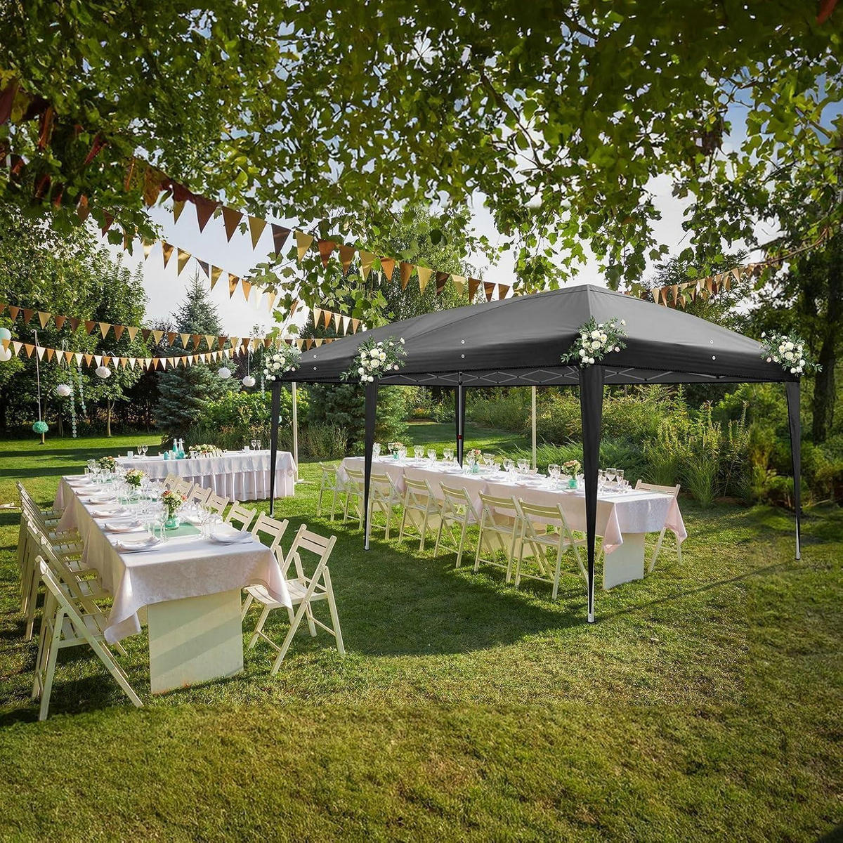 FALTPAVILLON 3 x 6 m Schwarz mit 6 Seitenteilen Wasserdicht UV-Schutz 50+ - Schwarz, Textil (300/255/600cm)