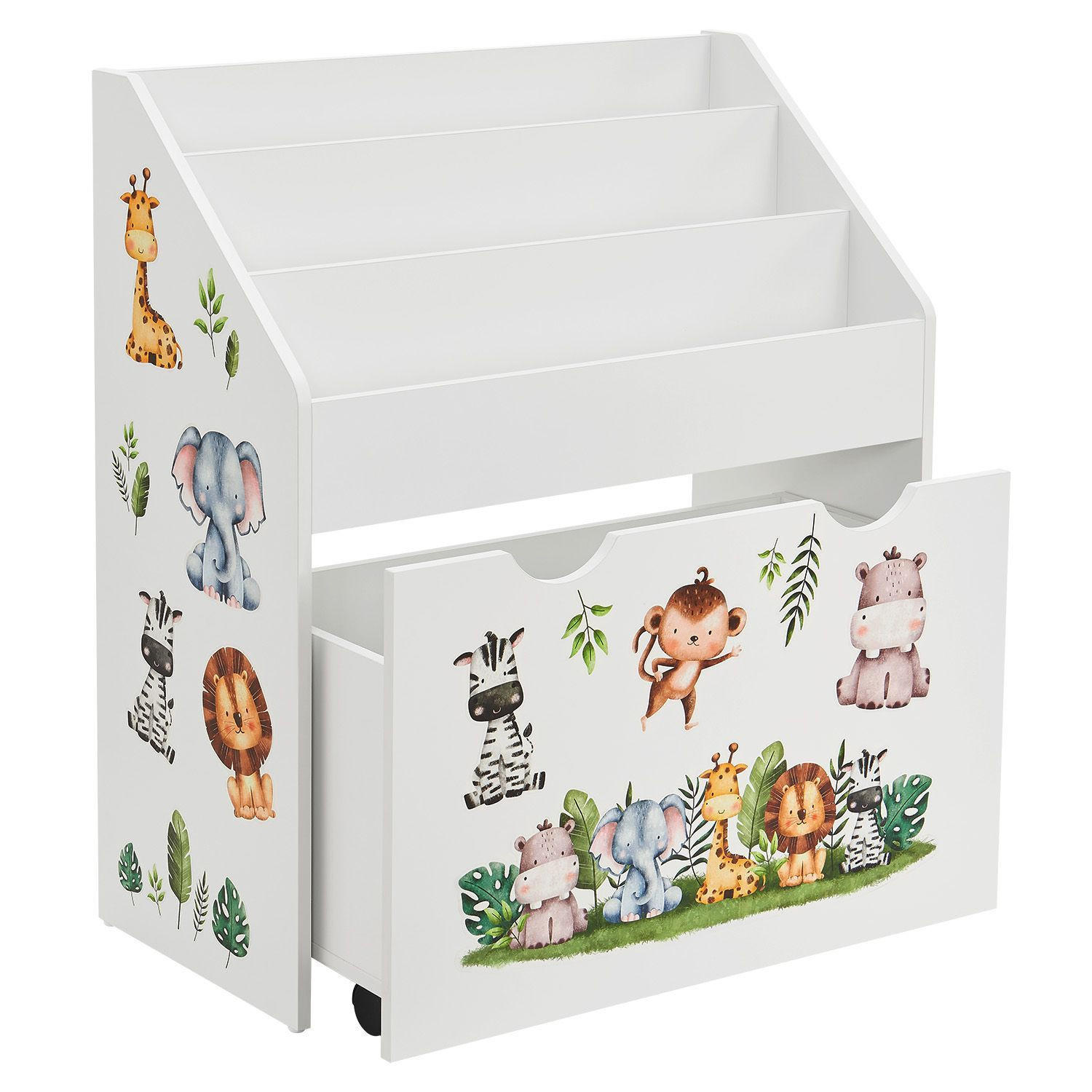 BÜCHERREGAL mit 3 Fächern und herausziehbarer Spielzeugkiste - Weiß, Holz (63/70/30cm) - Juskys