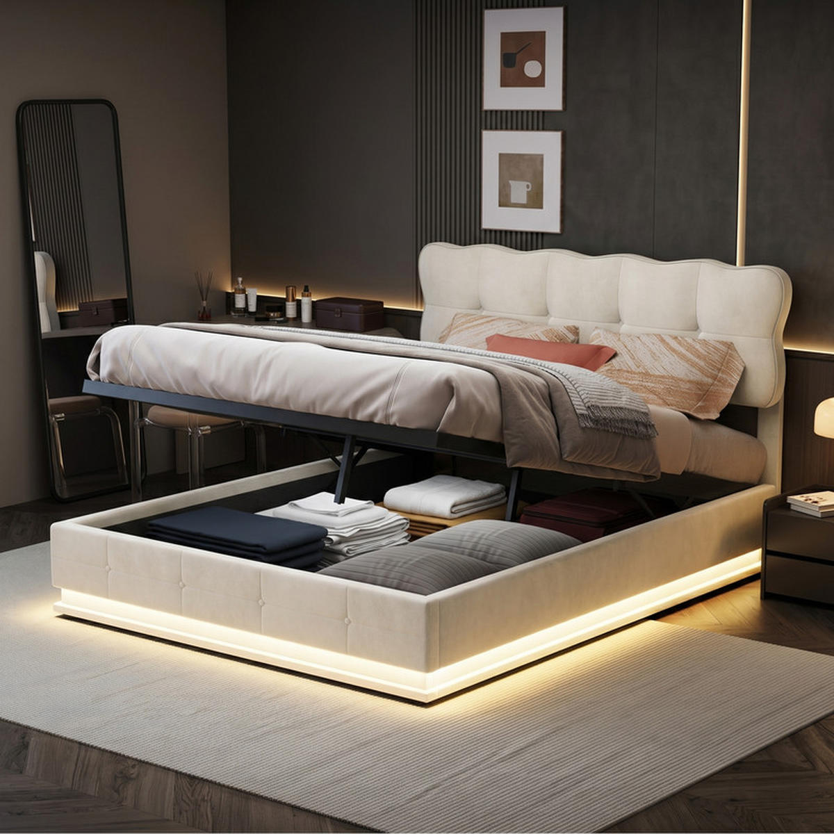 POLSTERBETT 140/200 cm beige mit Stauraum und LED - Beige, Holz