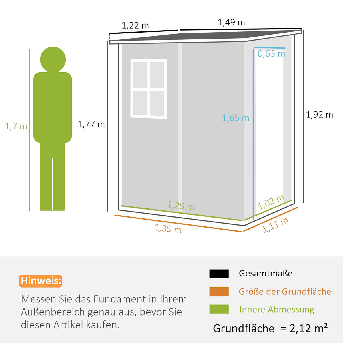 GERÄTEHAUS mit Pultdach, 122 x 149 x 192/177 cm - Grau, Metall (149/192/122cm) - Outsunny