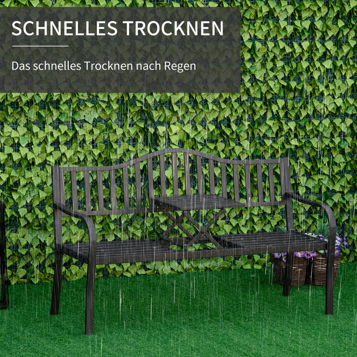 GARTENBANK mit ausziehbarem Tisch, 150 x 58,5 x 90 cm, Metall, Schwarz - Schwarz, Metall (150/90/58.5cm) - Outsunny
