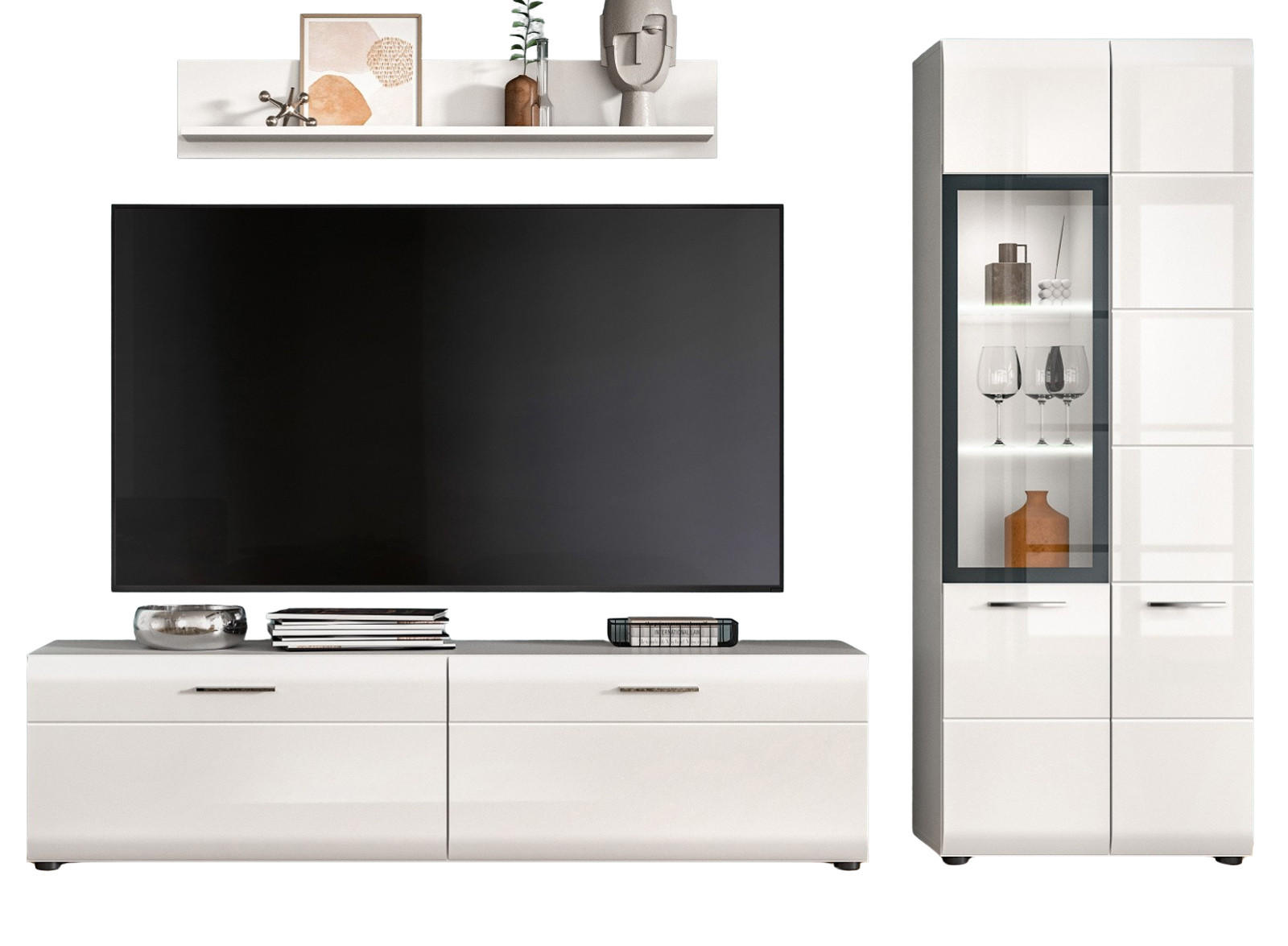 WOHNWAND weiß Hochglanz 3-teilig 235 cm, Schrankwand modernes Design - Weiß Hochglanz/Silberfarben, Glas/Holzwerkstoff (235/160/41cm) - Inn.Furn