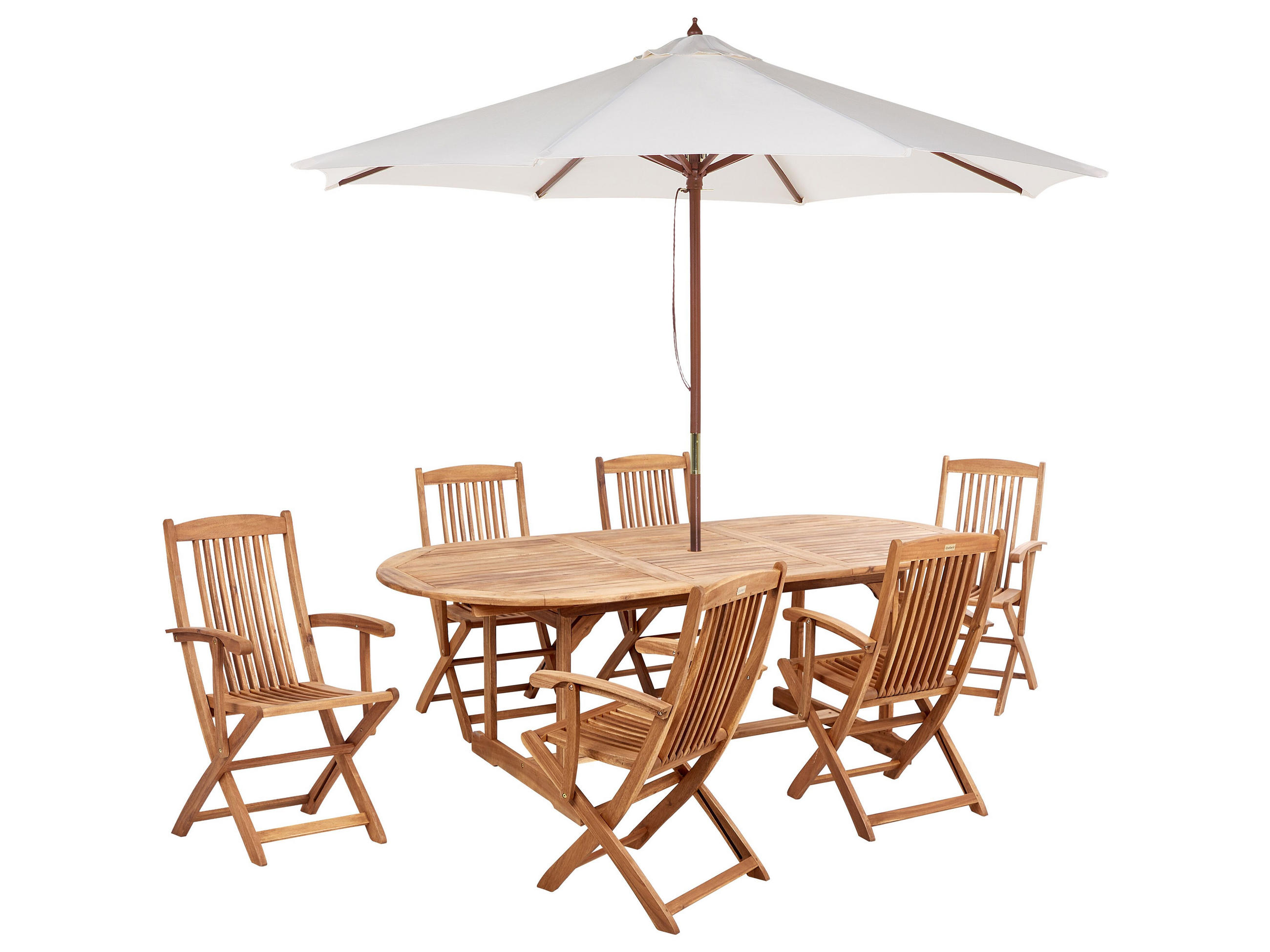 SET MASA DE GRADINA cu 6 locuri nuanta deschisa de lemn cu umbrela de soare Maui II