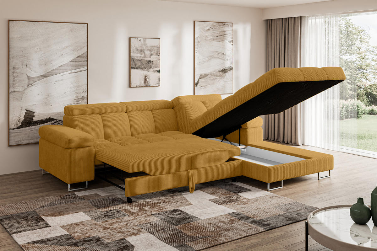 ECKSOFA mit Schlaffunktion Ottomane Rechts COMA L 271x203x79 Senfgelb Cord - Honig, Holzwerkstoff/Textil (203/271cm) - ALTDECOR