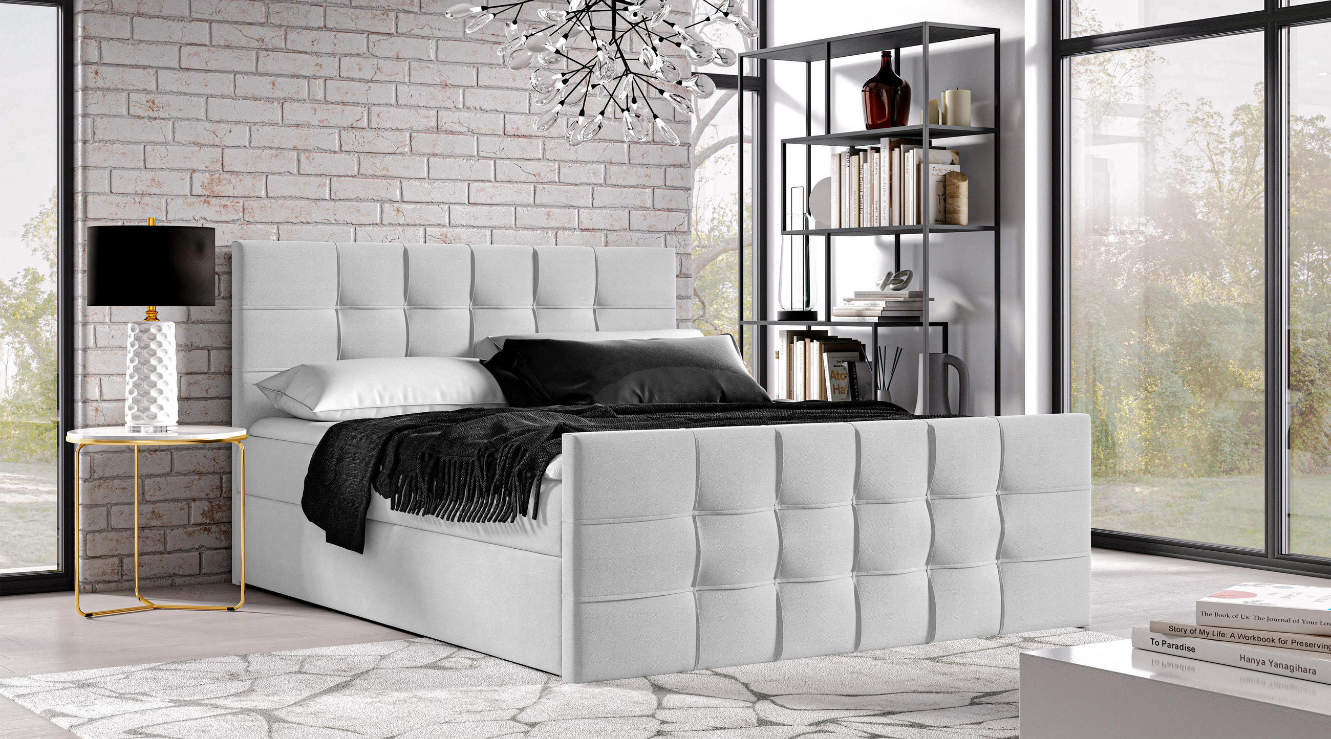 BOXBETT Ambusio 140/200 cm in Hellgrau – mit Bettkasten und Topper - Hellgrau/Schwarz, Holz/Holzwerkstoff (140/200cm) - AX Living