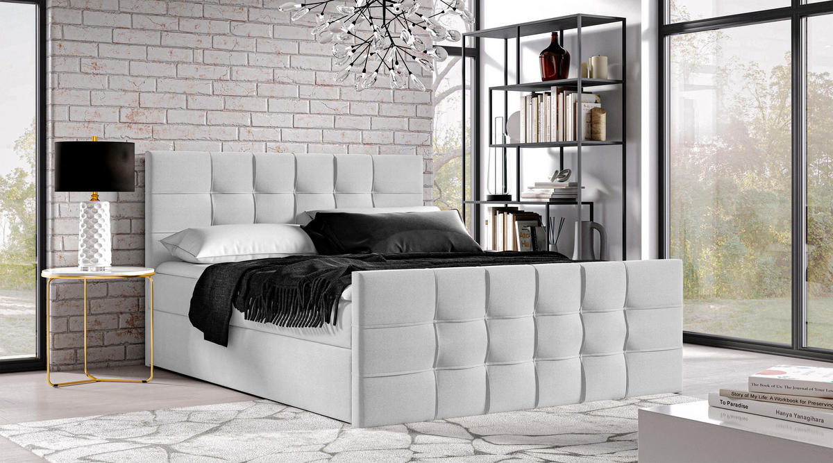 BOXBETT Ambusio 180/200 cm in Hellgrau – mit Bettkasten und Topper - Hellgrau/Schwarz, Holz/Holzwerkstoff (180/200cm) - AX Living