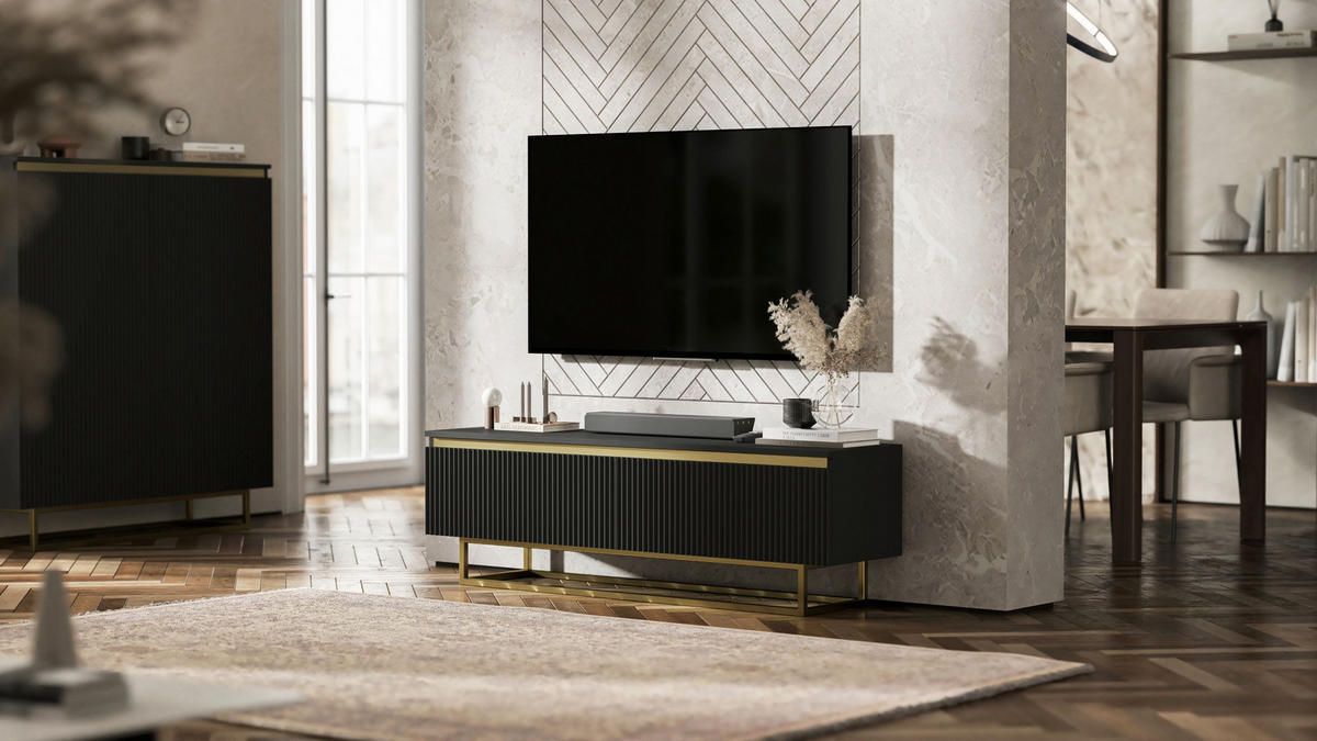 TV-SCHRANK Selene Glamour Schwarz Matt mit Metallrahmen 140 cm - Goldfarben/Schwarz, Holzwerkstoff/Metall (140/44/35cm) - Meble Lindner