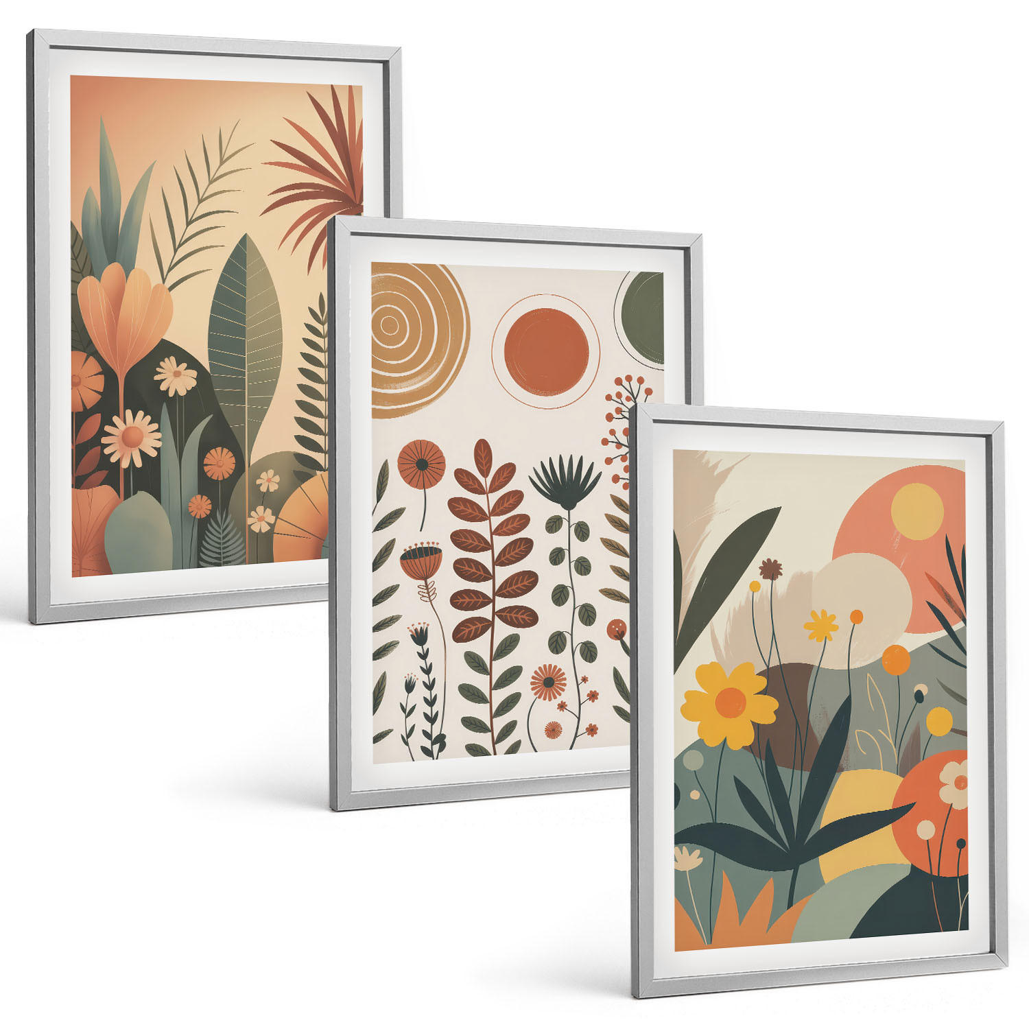 BILDER SET 3er Set - 40x60 cm Silberner Rahmen - Boho-Pflanzenmuster Natur - Silberfarben, Kunststoff (40/60cm) - TULUP