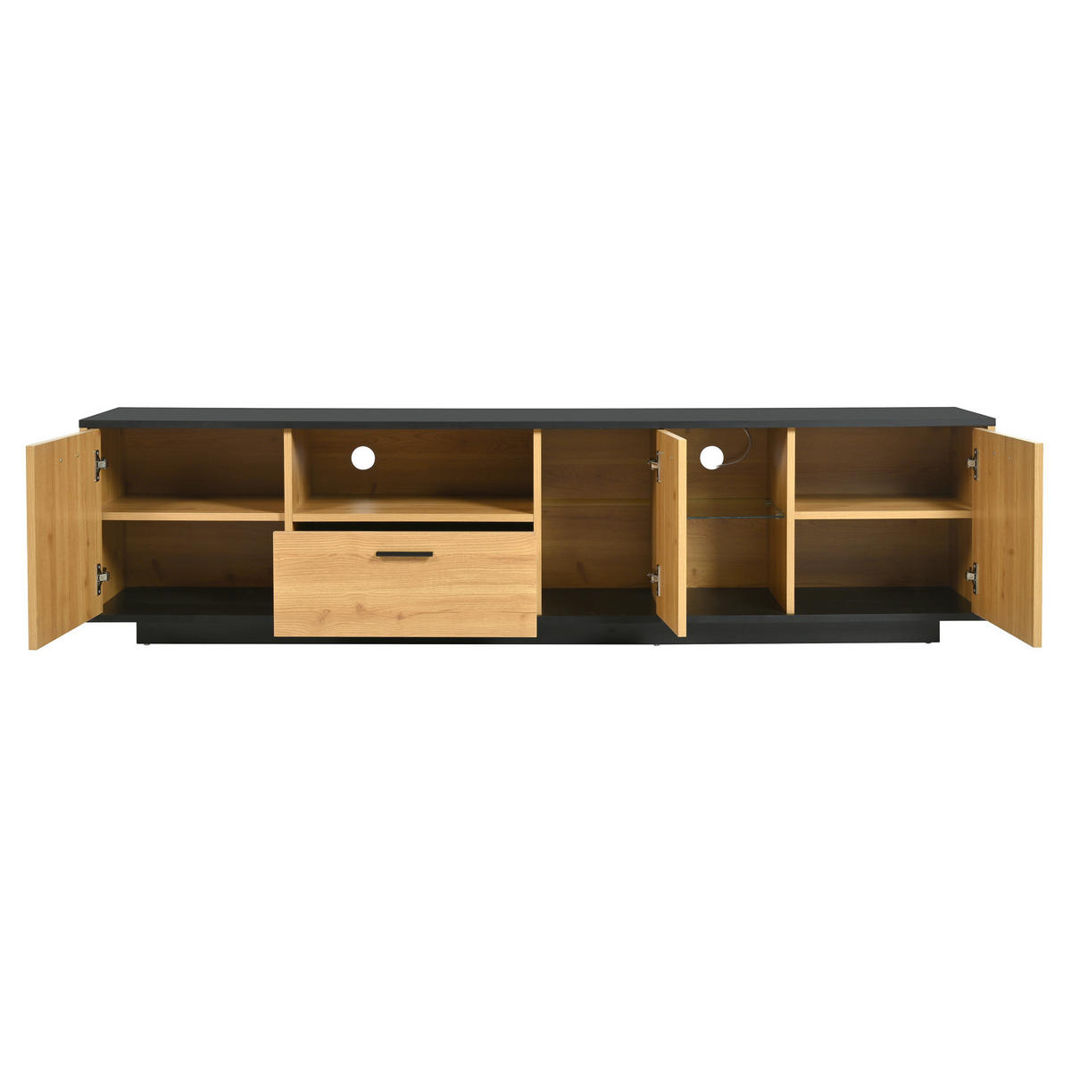TV-LOWBOARD aus MDF 180x37x45 cm Schwarz und Holzfarbe mit LED-Beleuchtung, 3 Türen und Schublade - Schwarz, Holzwerkstoff (180/45/37cm) - IVMEU