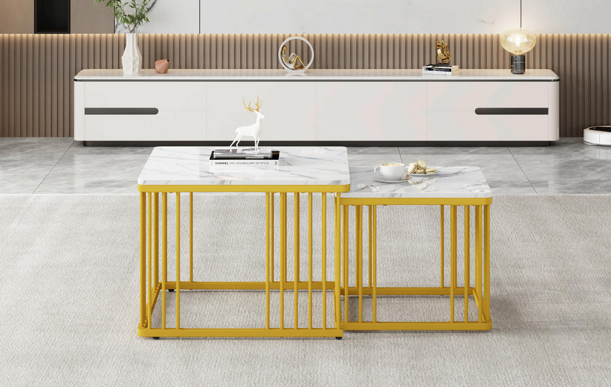 COUCHTISCH 60/60/45 cm + 45/45/40 cm weiß aus MDF mit Hochglanz-Marmoroptik, ineinander schiebbar - Weiß, Holzwerkstoff (60/60/45cm) - OKMYHOME