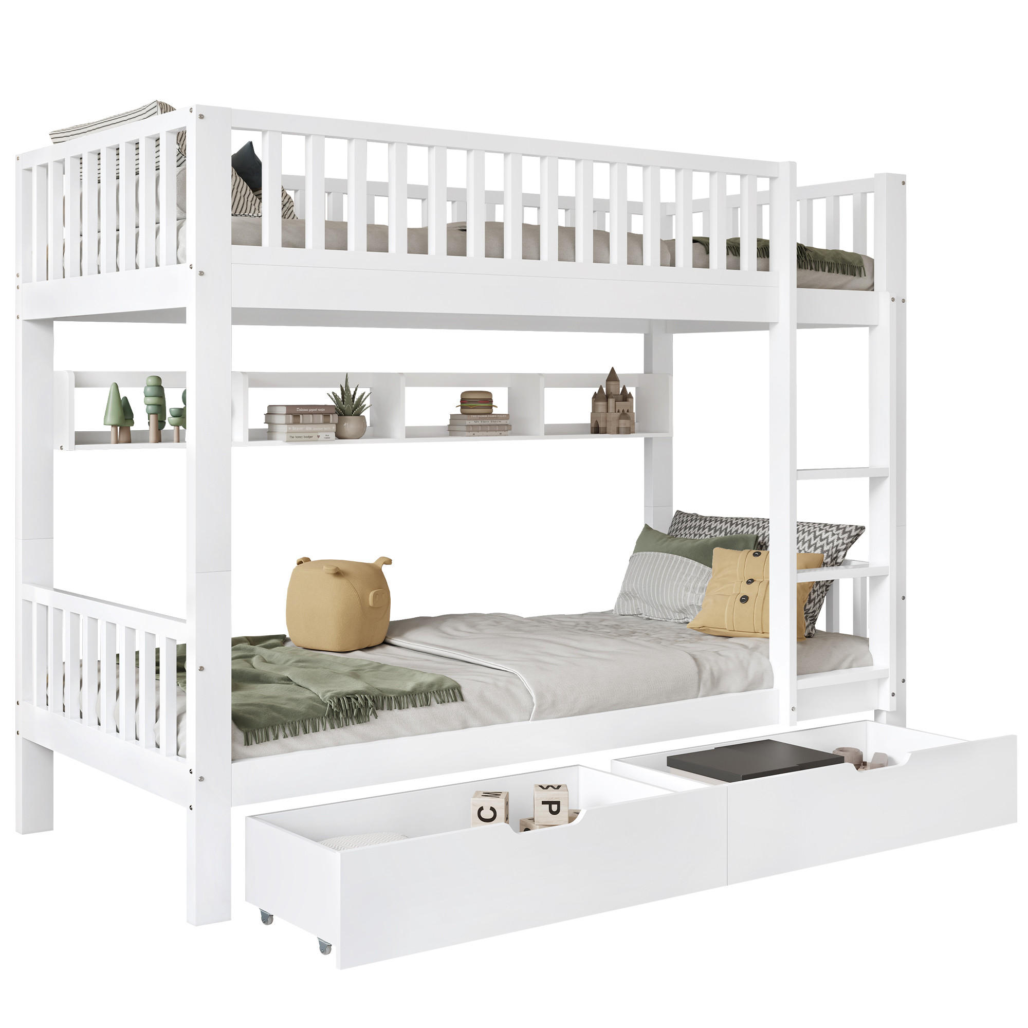 BETT Etagenbett mit Leiter und Stauraum Weiß 90x200 cm - Weiß, Holz (90/200cm) - ComfortXL