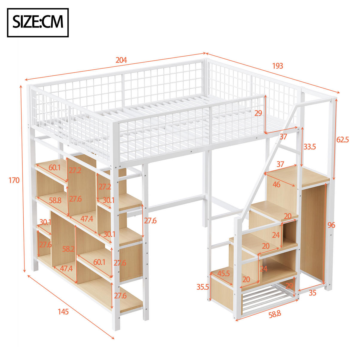 HOCHBETT 140/200 cm Weiß Metallbett mit Stauraumtreppe aus Holz - Weiß, Metall (140/200cm) - OKWISH
