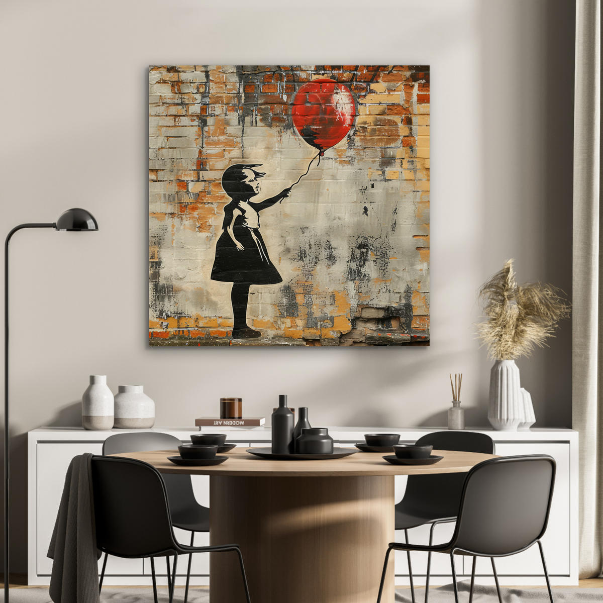 KOVOVÝ OBRAZ Graffiti - Banksy - Dievča - Street art 90x90 cm - piesková, kov (90/90cm) - MuchoWow