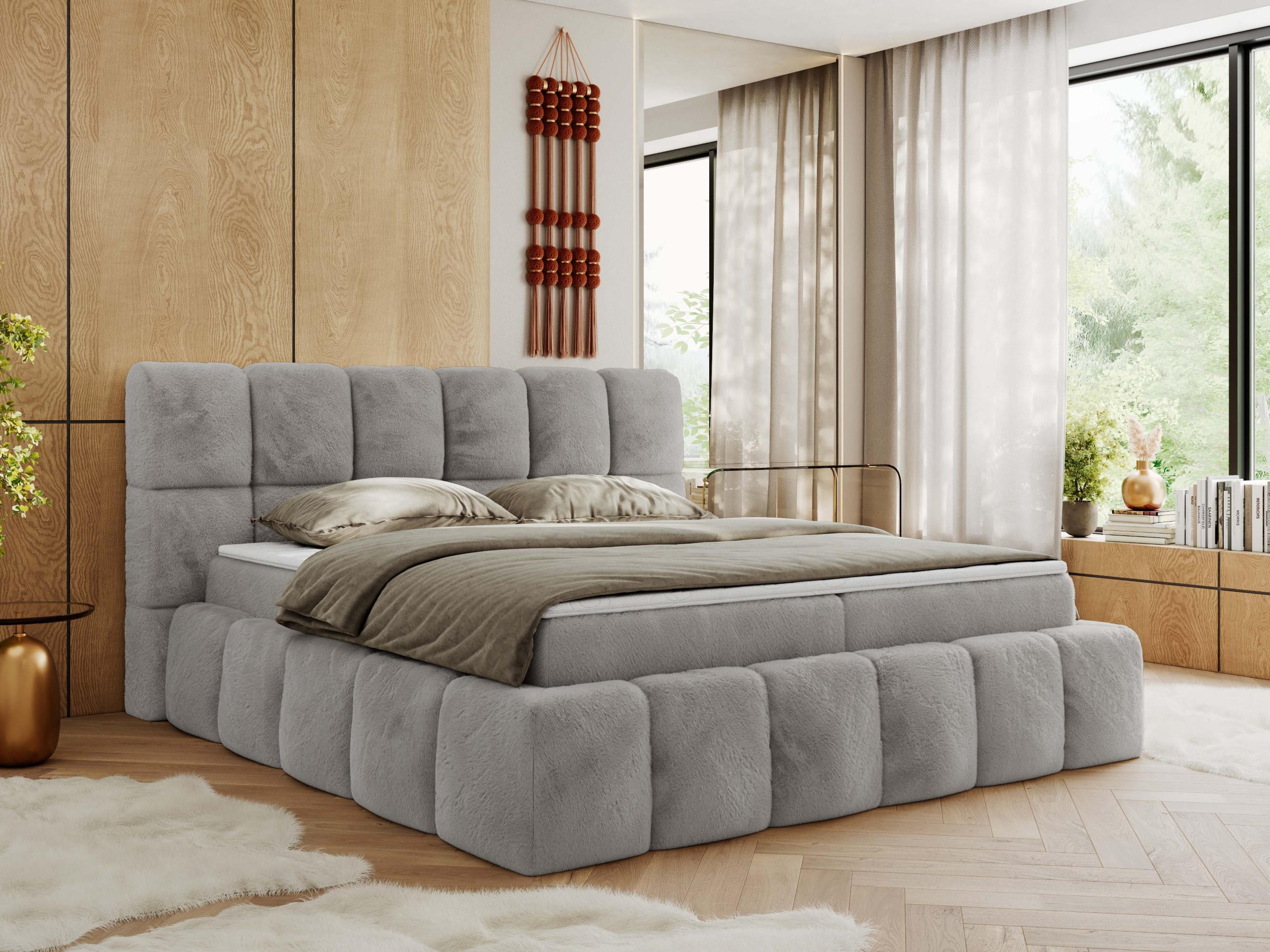BOXBETT NIRA 120/200 - Hellgrau Plüsch - H3 - Hellgrau, Holz/Textil (120/200cm) - MKS