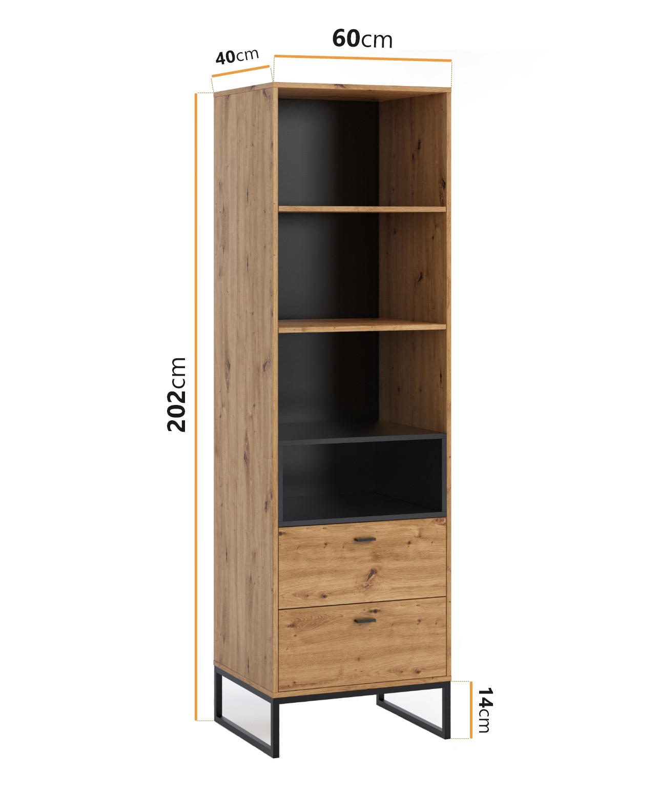 BÜCHERREGAL Randy 60/202/40 mit Schubladen - Schwarz/Eiche Artisan, Holzwerkstoff/Kunststoff (60/202/40cm) - Ravio