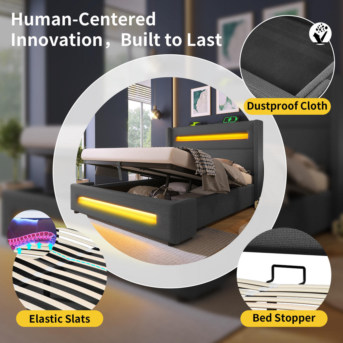 DOPPELBETT 160X200 cm mit LED USB Typ C - Grau, Holz (160/200cm) - FLIEKS