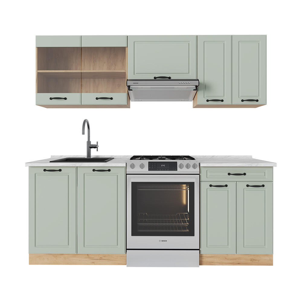 KÜCHENZEILE R-Line, Mint Landhaus/Goldkraft Eiche, 200 cm Arbeitsplatte Marmor - Honigeiche/Grün, Holzwerkstoff (200/81.6/60cm) - Vicco