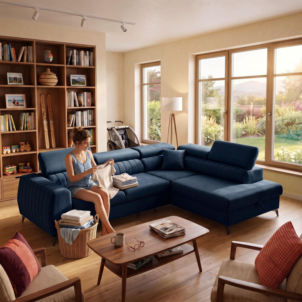 ECKSOFA PIERO L Rechts mit Schlaffunktion 195x125 Velours Dunkelblau - Schwarz/Dunkelblau, Holz/Textil (203/268cm) - Muffo