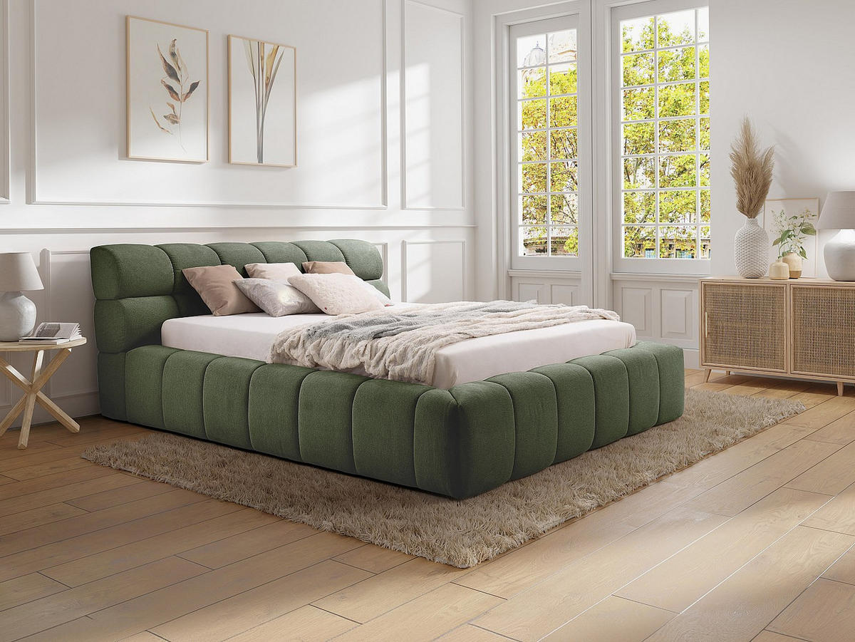 BETT mit Bettkasten - 2 Personen - Stoff - Grün - - Grün, Textil (160/200cm) - Vente-Unique