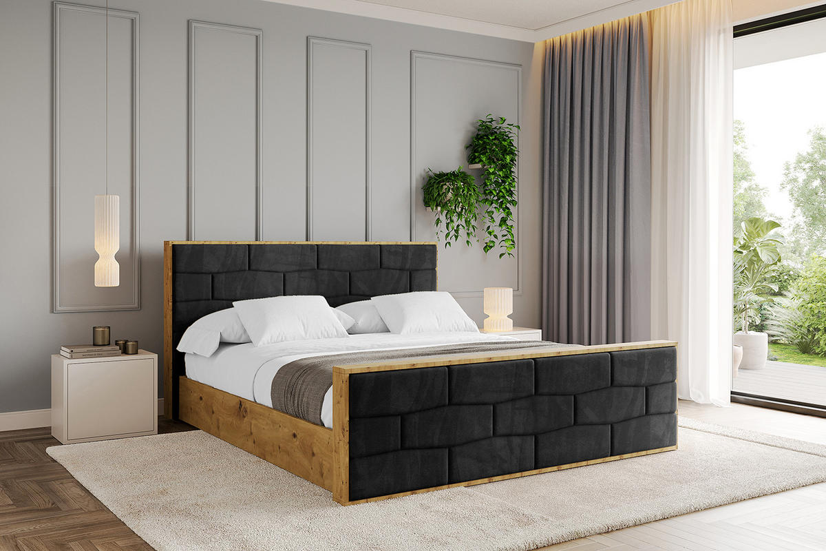 POLSTERBETT mit Bettkasten, Fußteil und Lattenrost, Boxbett mit Matratze H3/H4 - ENZO8-Z 140x200 Schwarz - Schwarz, Holzwerkstoff/Textil (140/200cm) - ALTDECOR