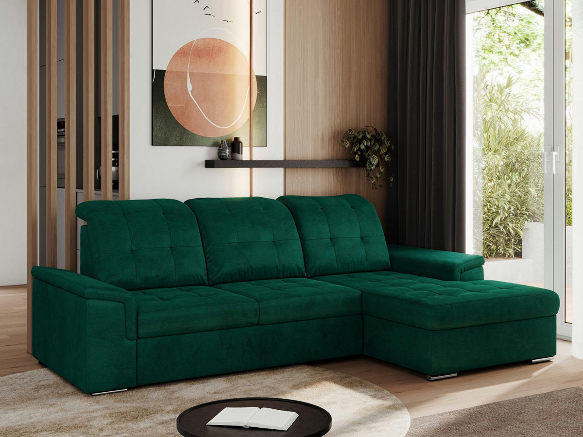 ECKSOFA MADRITO L - Dunkelgrün Velorus - Rechts - Dunkelgrün/Silberfarben, Textil/Metall (256/160cm)