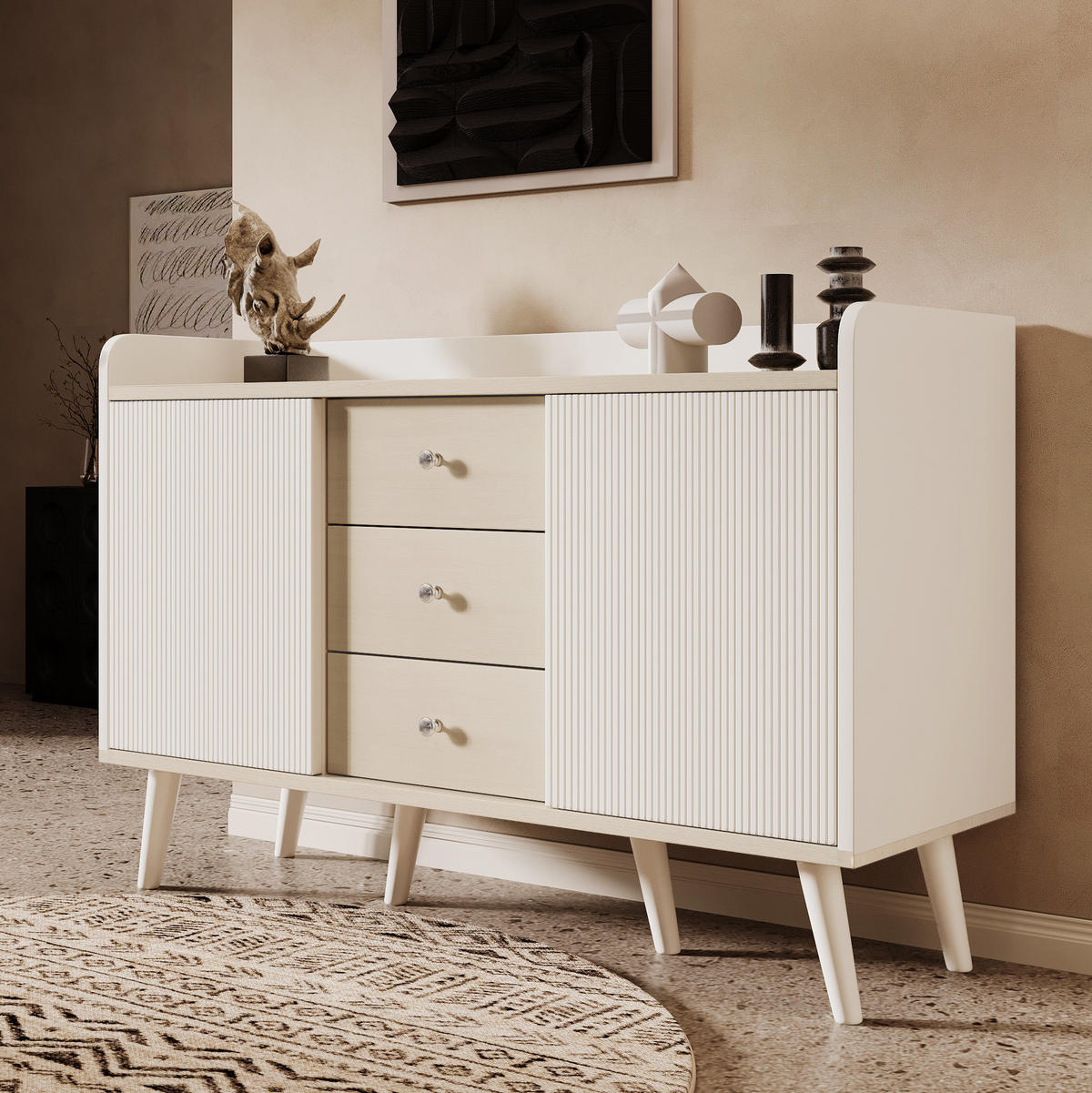 KOMMODE aus MDF 117,5x39,5x79cm in Weiß & Holzoptik mit Schiebetüren - Weiß, Holzwerkstoff (117.5/79/39.5cm) - Modfu