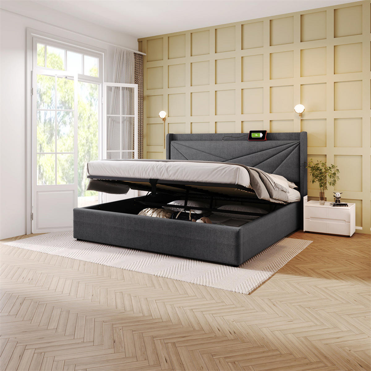 POLSTERBETT 160/200cm in Grau Leinen mit USB Typ C Ladefunktion Kopfteil - Grau, Holz/Textil (160/200cm) - KOMHTOM