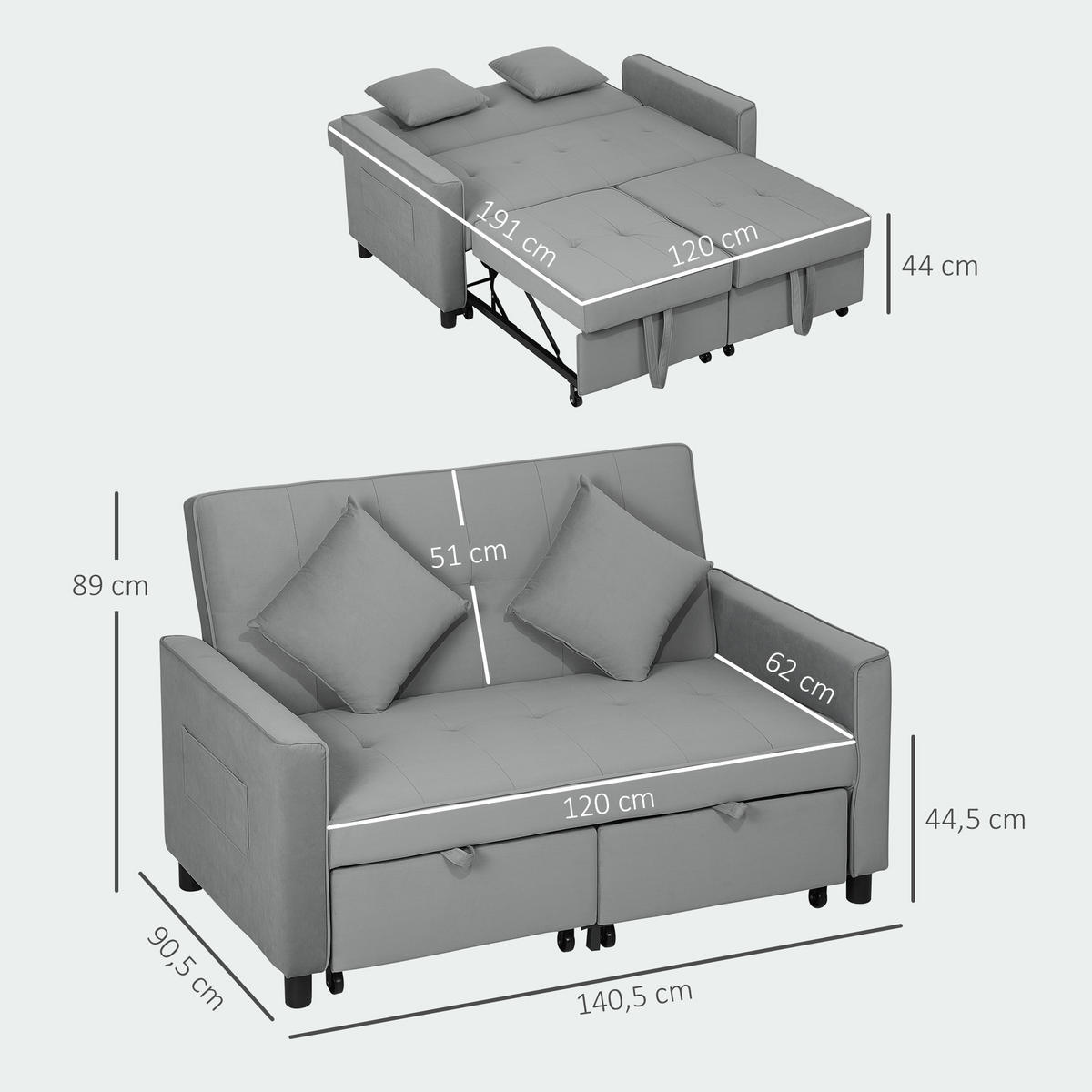 SCHLAFSOFA, 2-Sitzer Sofa mit Schlaffunktion, Verstellbare Rückenlehne, Rollen - Grau, Metall (90.5/89/140.5cm) - HOMCOM