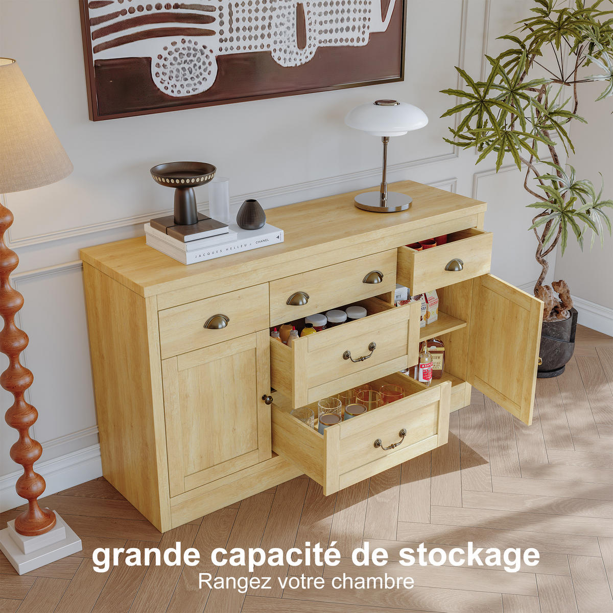 SIDEBOARD 135x40x80 cm 2 Türen 5 Schubladen Holzfarben - Naturfarben, Holz (135/80/39.5cm) - LEBENLANG