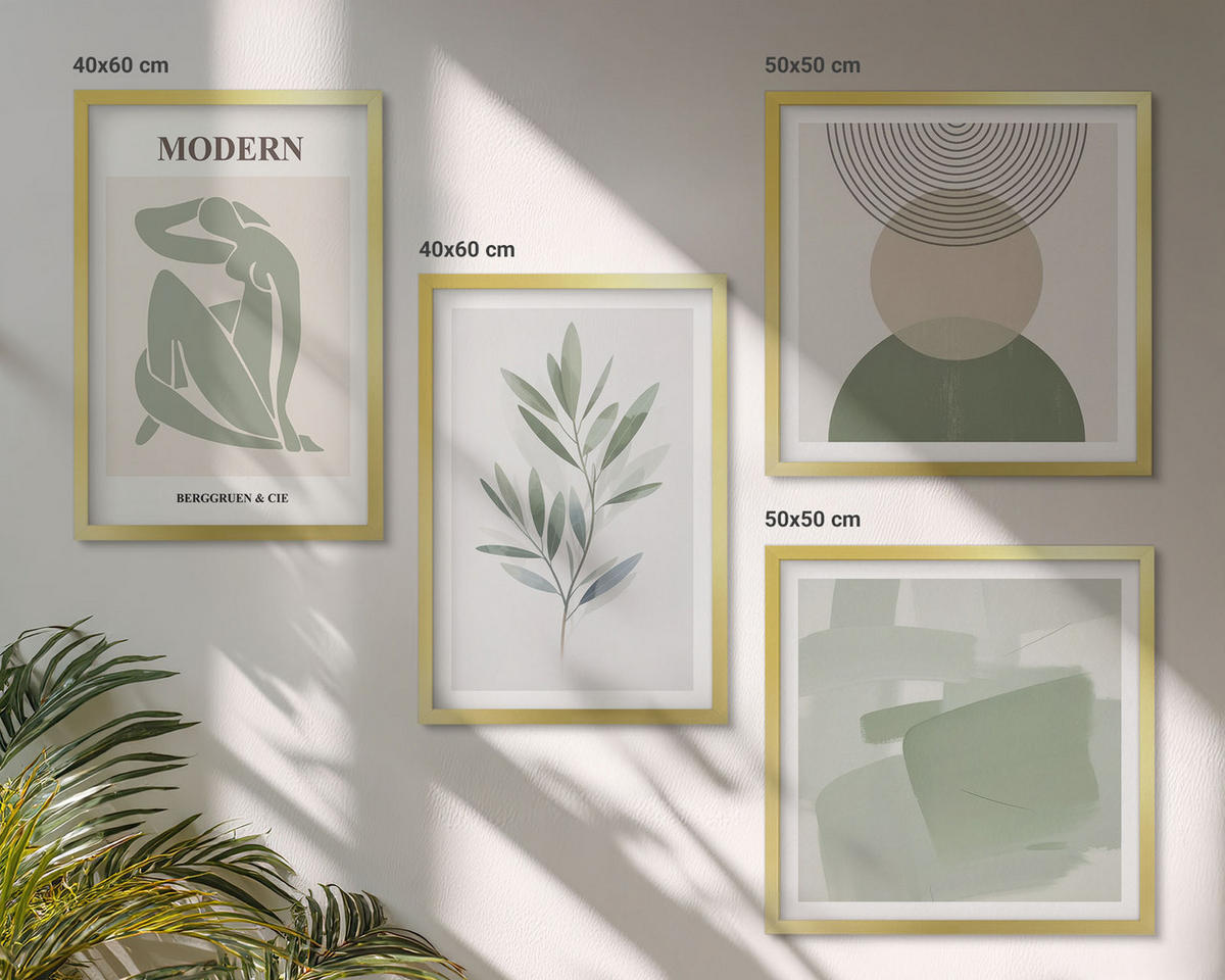 BILDER SET 4er Set - 50x50 cm & 40x60 cm Goldrahmen - Stilvolle abstrakte Pflanzengrafiken - Goldfarben, Kunststoff (50/50cm) - TULUP