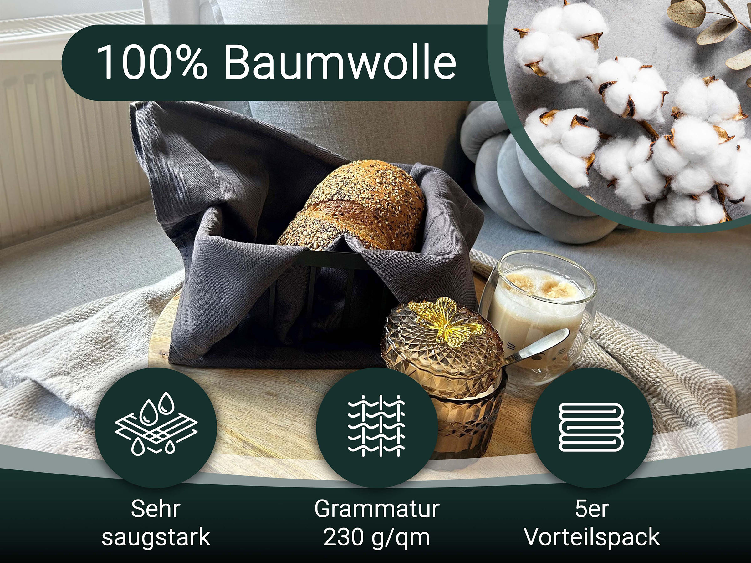 GESCHIRRTÜCHER, 5er-Set, 100% Baumwolle - Anthrazit, Textil (50/70cm) - Zollner
