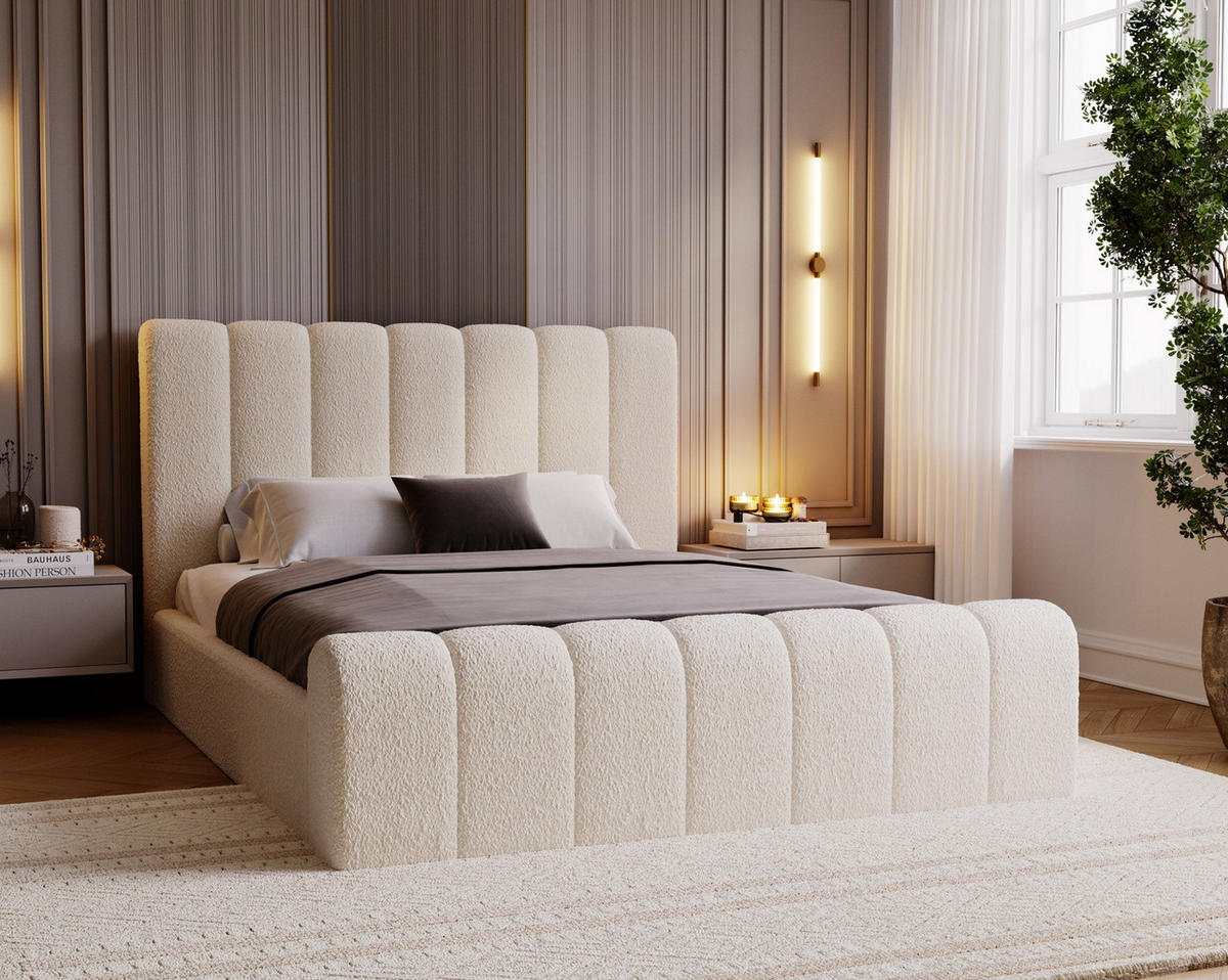 POLSTERBETT 140x200 Valetta mit Bettkasten, Bouclé Creme - Creme, Holz/Textil (140/200cm) - Emporius