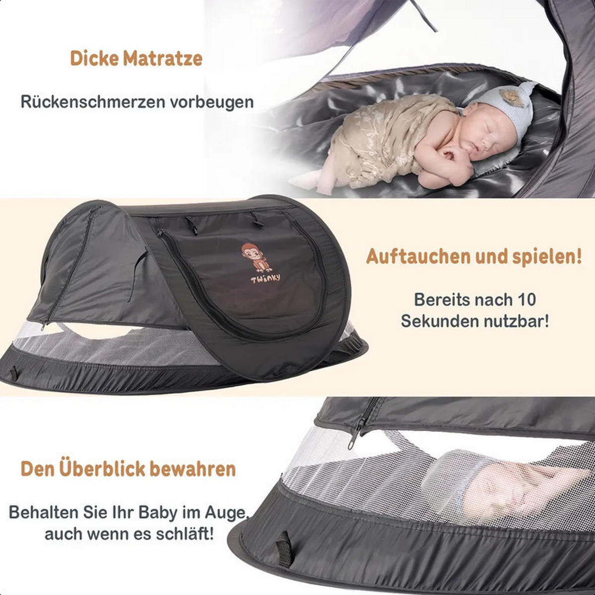 REISEBETT Baby mit Matratze bis 3 Jahre mit Moskitonetz Schwarz - Schwarz, Kunststoff (107/40cm) - Twinky