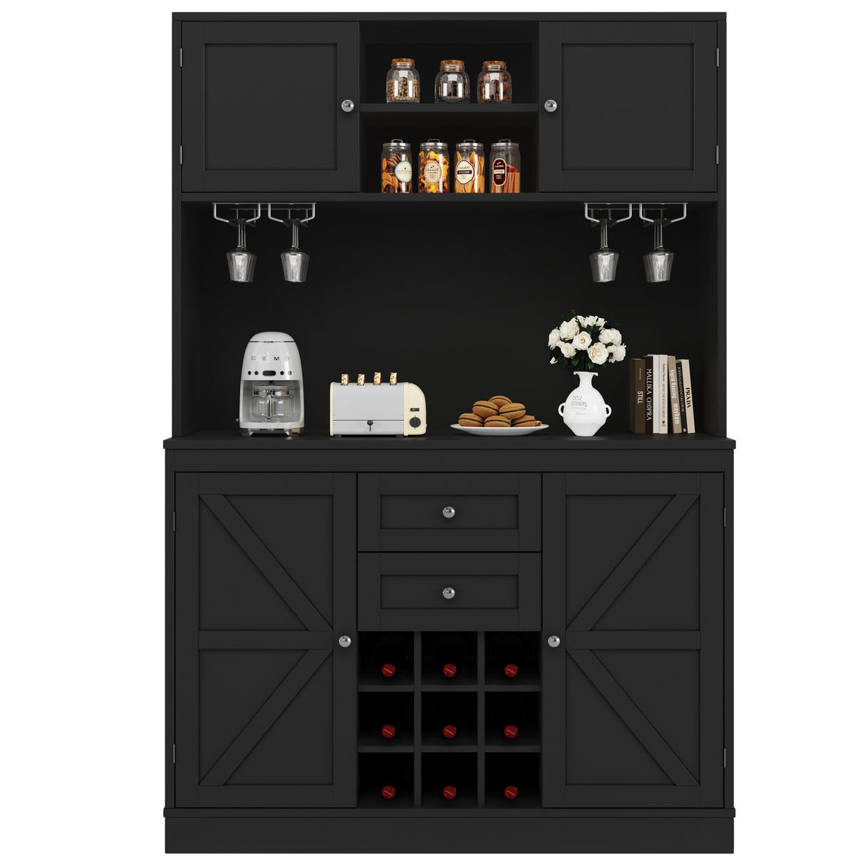 BUFFET 120/40/188 cm aus MDF mit Weinregal und verstellbaren Einlegeböden Schwarz - Schwarz, Holzwerkstoff (120/188/40cm) - Modenvie