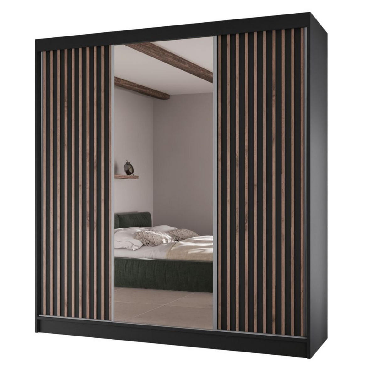 SCHWEBETÜRENSCHRANK Lami mit Spiegel und Lamellen, 215x200x61cm, Schwarz - Schwarz, Holzwerkstoff (200/215/61cm) - AN-Moebel 4u