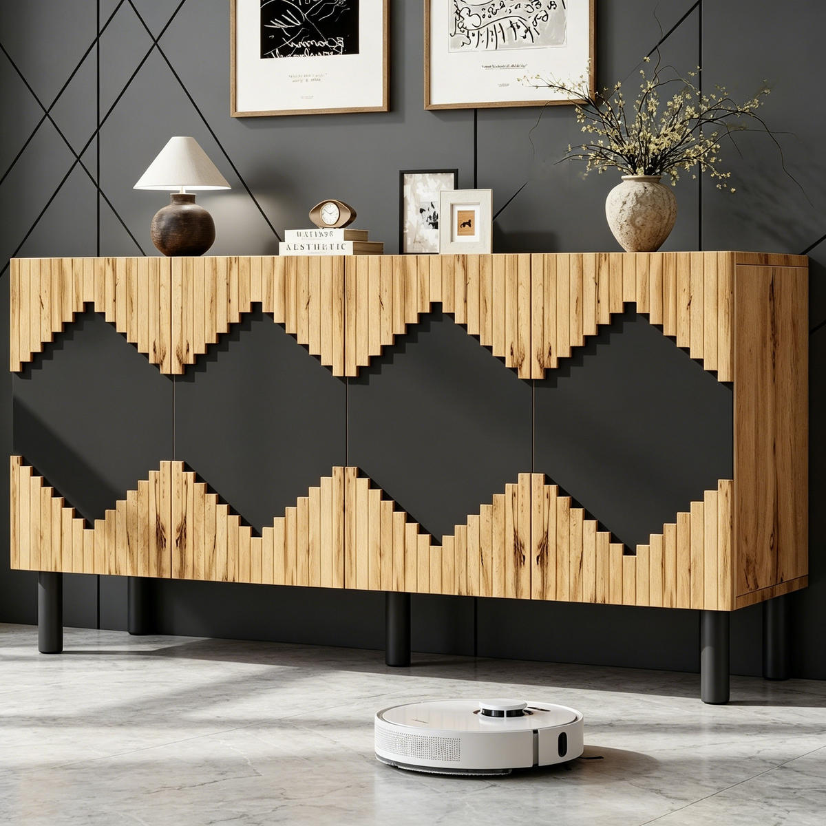 KUCHYŇSKÁ SKŘÍŇ v přírodní a černé barvě se 2 dvířky do obývacího pokoje a jídelny, 140×40×70 cm - přírodní/černá, kov/kompozitní dřevo (140/70/40cm) - STILVORA