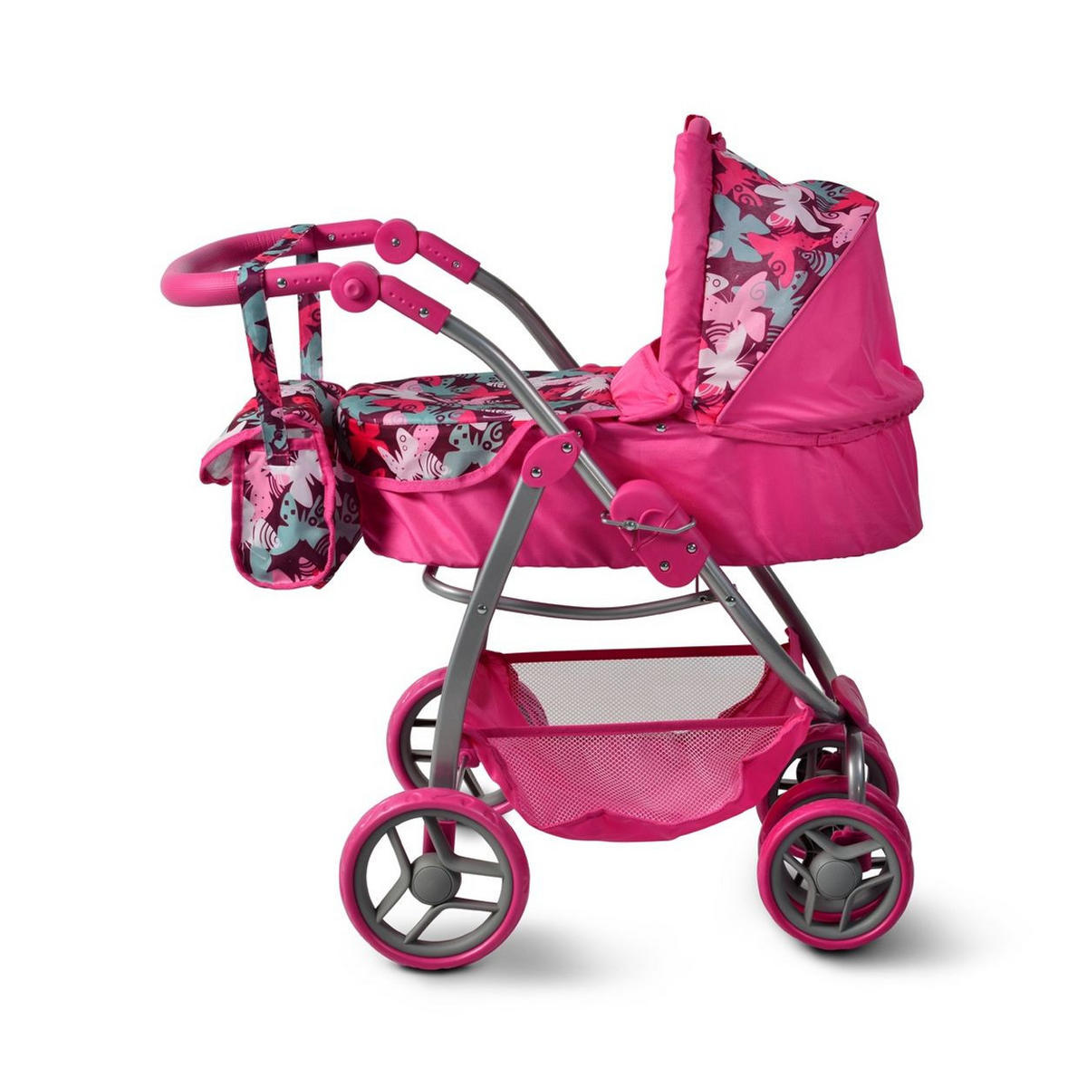 PUPPENWAGEN Sweet Hard 9662 Winterkorb, Tasche, einstellbare Höhe, Sonnendach, Polyester - Rosa, Metall (43/70/69cm) - Moni