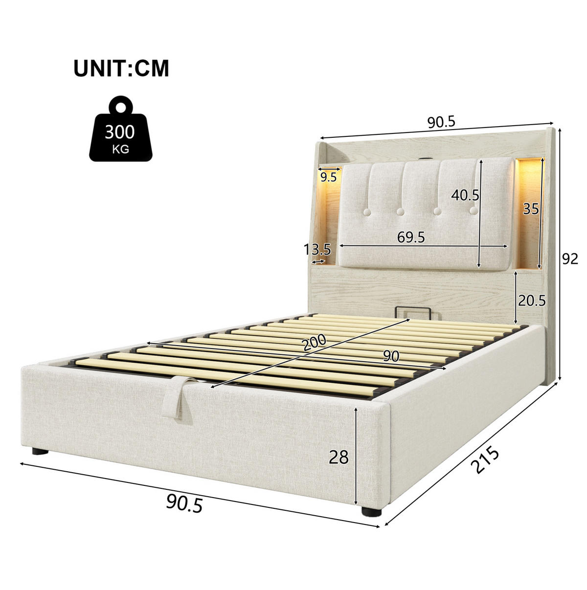 ČALÚNENÁ posteľ z MDF a ľanu 90x200 cm béžová s USB-C, LED osvetlením a úložným priestorom - béžová, textil (90/200cm) - Modfu