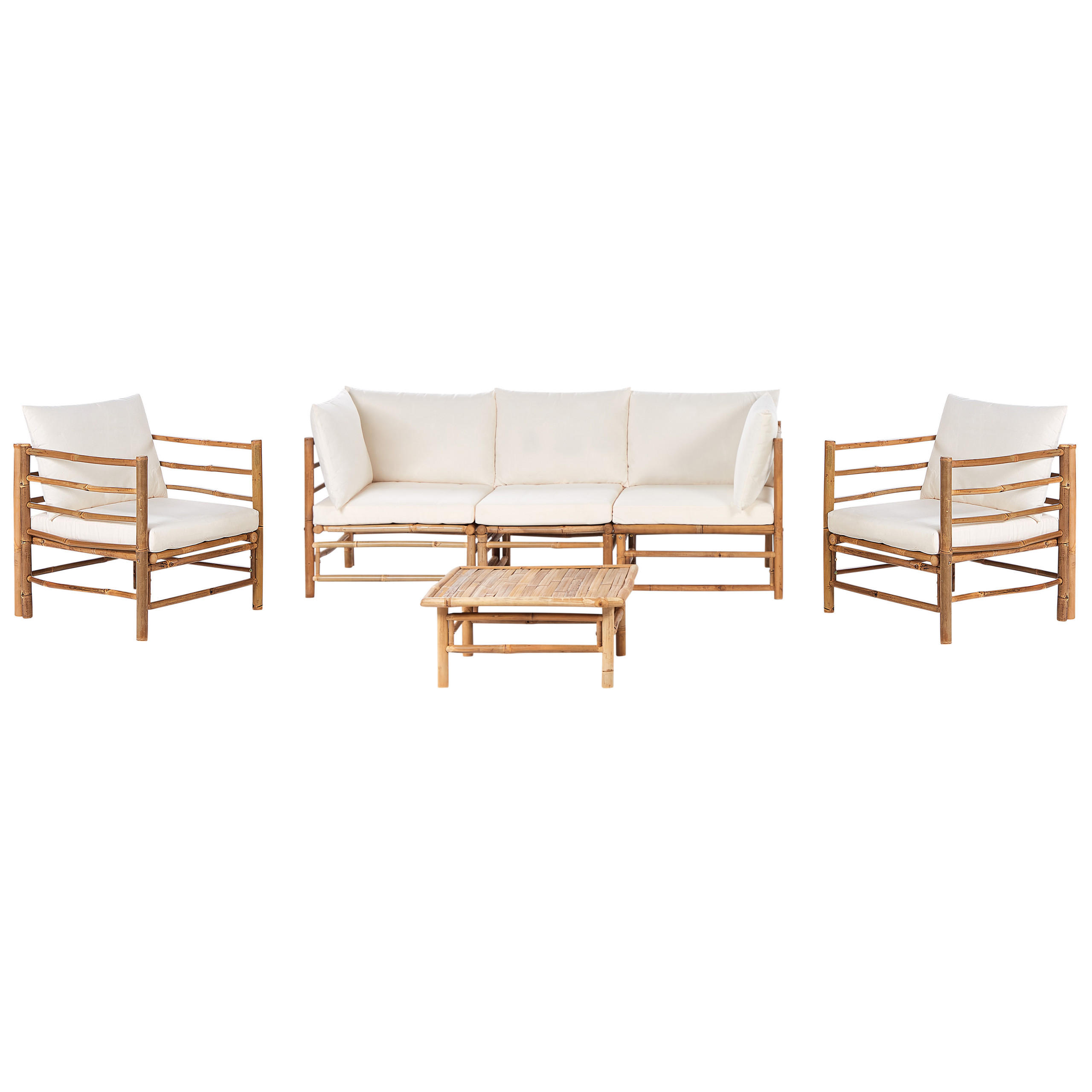 LOUNGE set cu 5 locuri lemn de bambus maro deschis 4 piese perne alb crem Cerreto