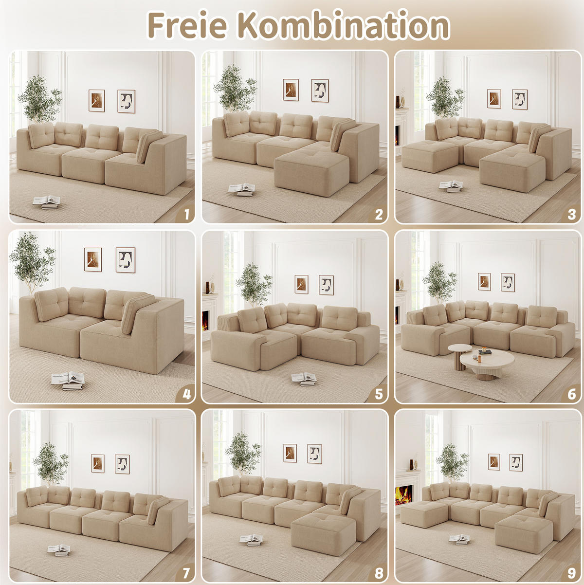 SOFA 208/104/69 cm in Beige aus Cord mit modularem Design - Beige, Textil (104/69/208cm) - Flora Grace