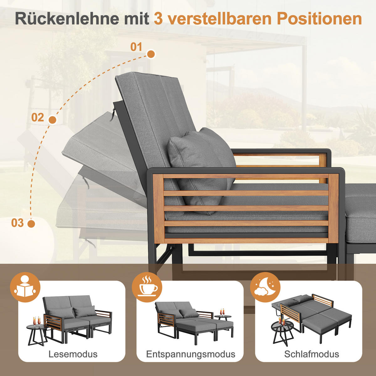 DOPPELLIEGE 2-4 Personen Mit Verstellbarer Rückenlehne Inkl. Kissen - Grau, Metall - FLIEKS