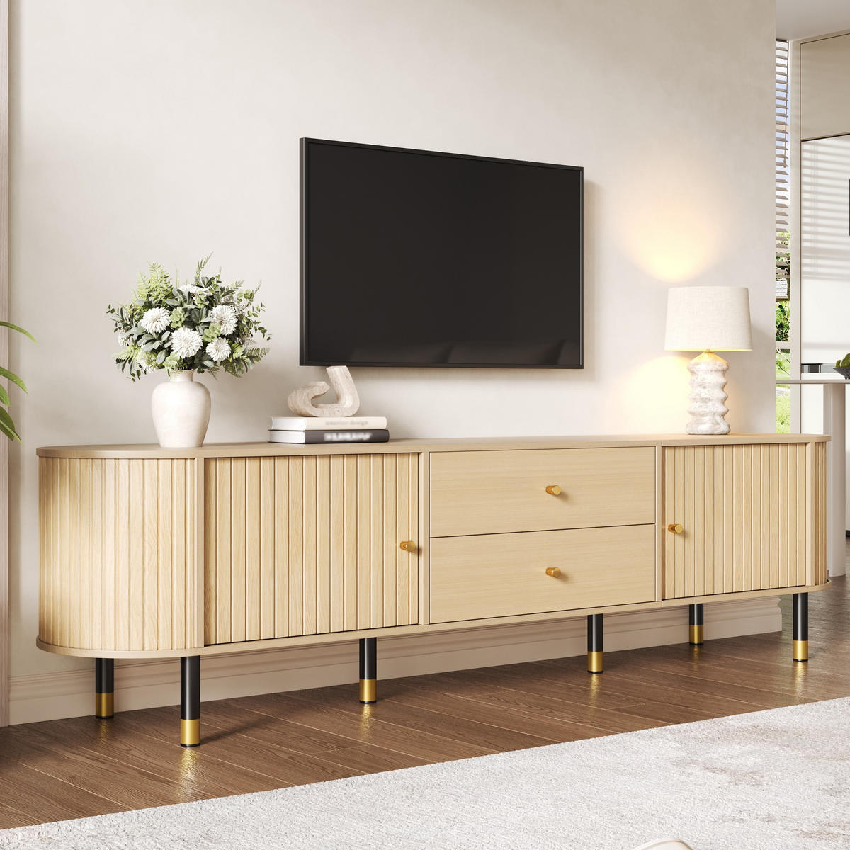 TV-ELEMENT180X40X58CM mit Schiebetüren und Schubladen in Naturfarbenholzoptik - Naturfarben, Holz (46.51/18.01/75.79cm) - Raelunyi