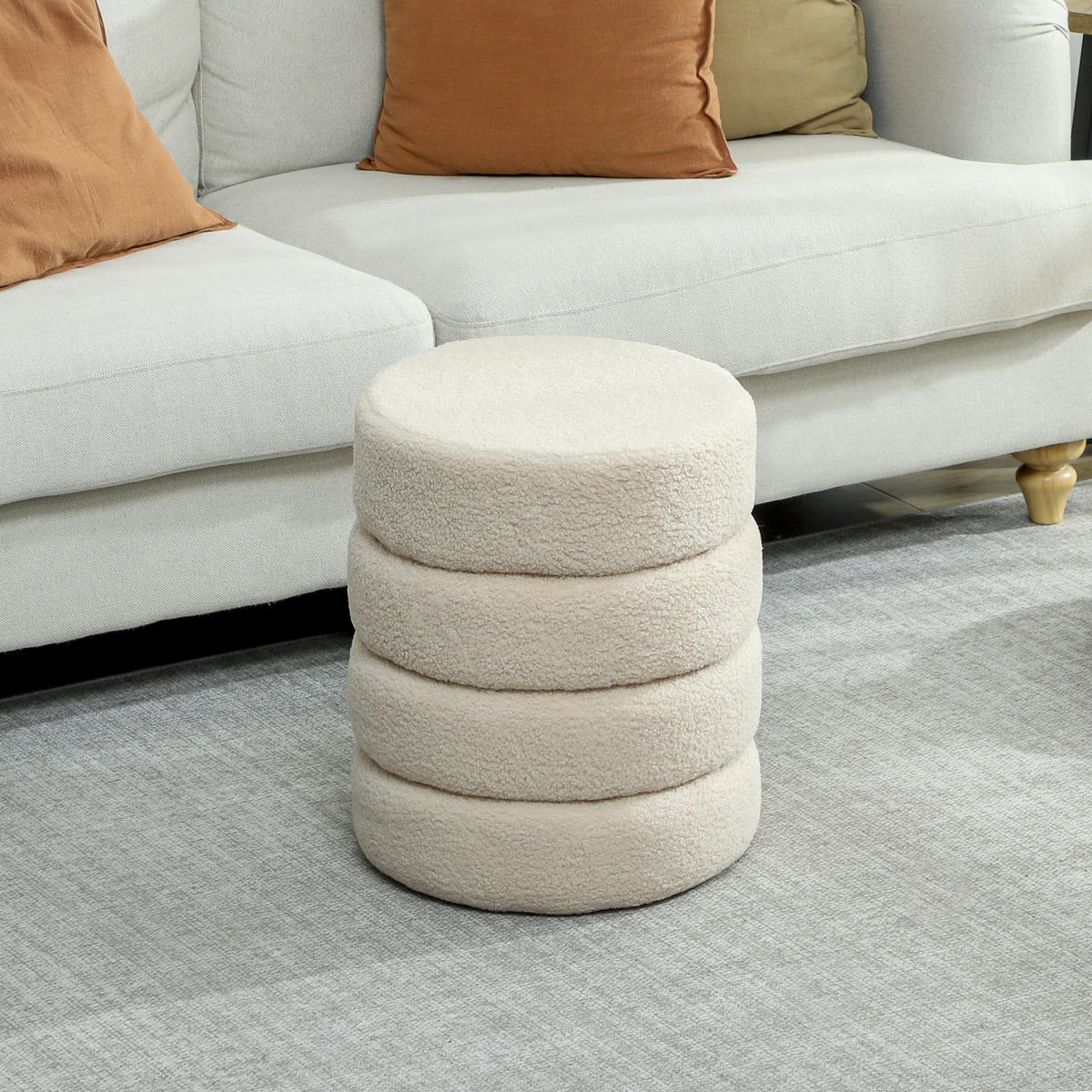 SITZHOCKER, Fußhocker, Runder Polsterhocker, Fußstütze mit Sitzkissen - Beige/Naturfarben, Holz/Textil (40/45/40cm) - HOMCOM