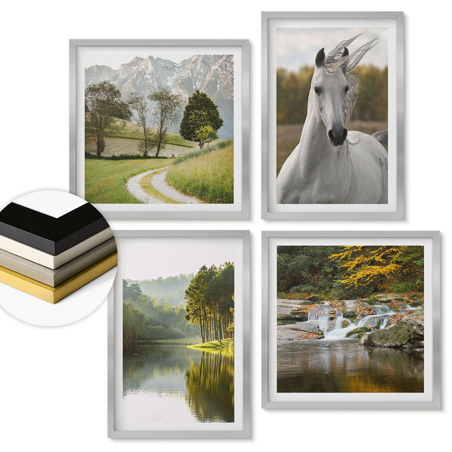WANDBILDER 4er Set - 50x50 cm & 40x60 cm Silberner Rahmen - Natur des Flusses White Horses - Silberfarben, Kunststoff (50/50cm) - ArtPrintCave