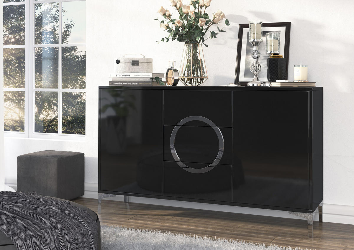 SIDEBOARD Eva, Schwarz, Silberne Akzente, Hochglanz - Schwarz Hochglanz/Silberfarben, Holzwerkstoff/Metall (138/83/38cm) - Kayani